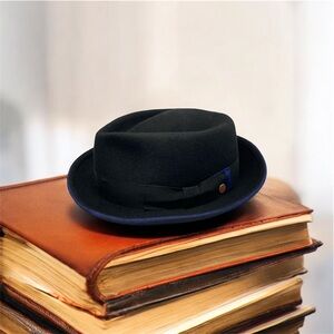 Vintage German Mayser Fedora Hat Black Navy Blue Bow Wide Brim Medium